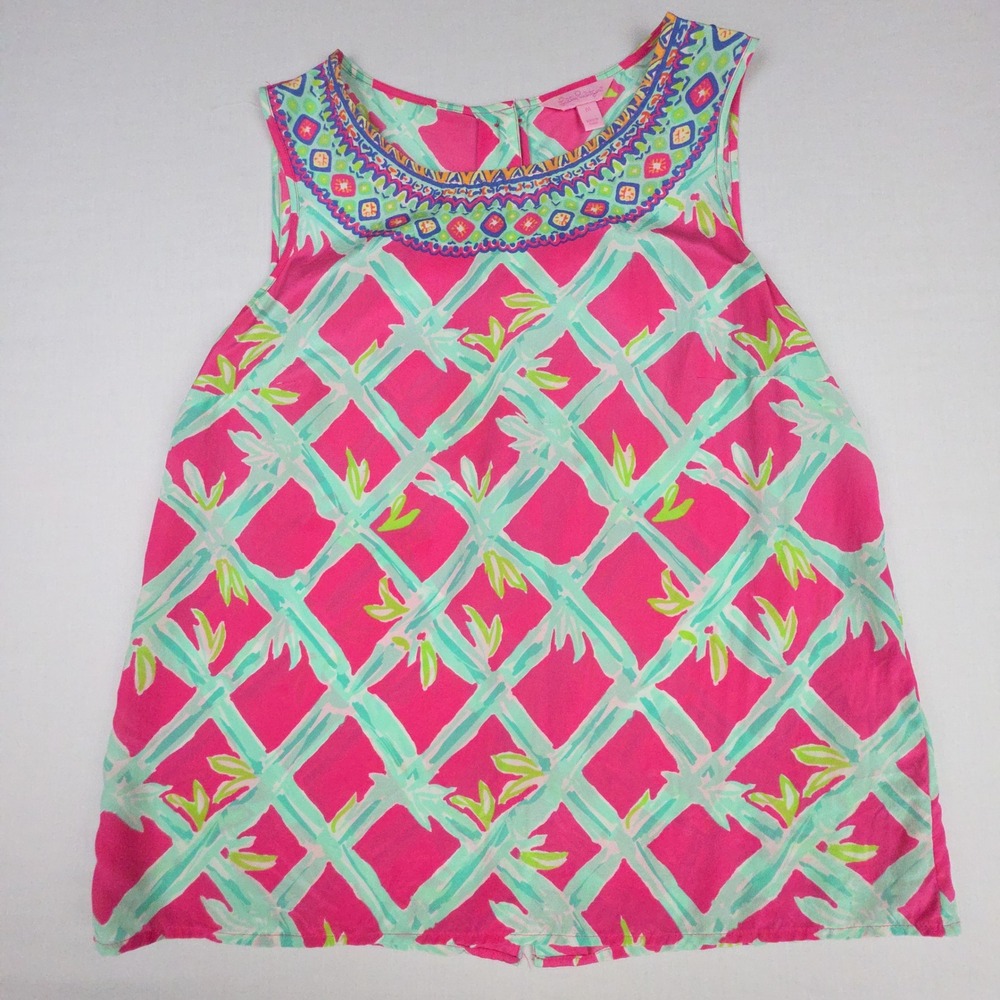 Lilly Pulitzer Silk Tabbie Tank Top Womens Medium Pink Bamboo Lattice 100% Silk